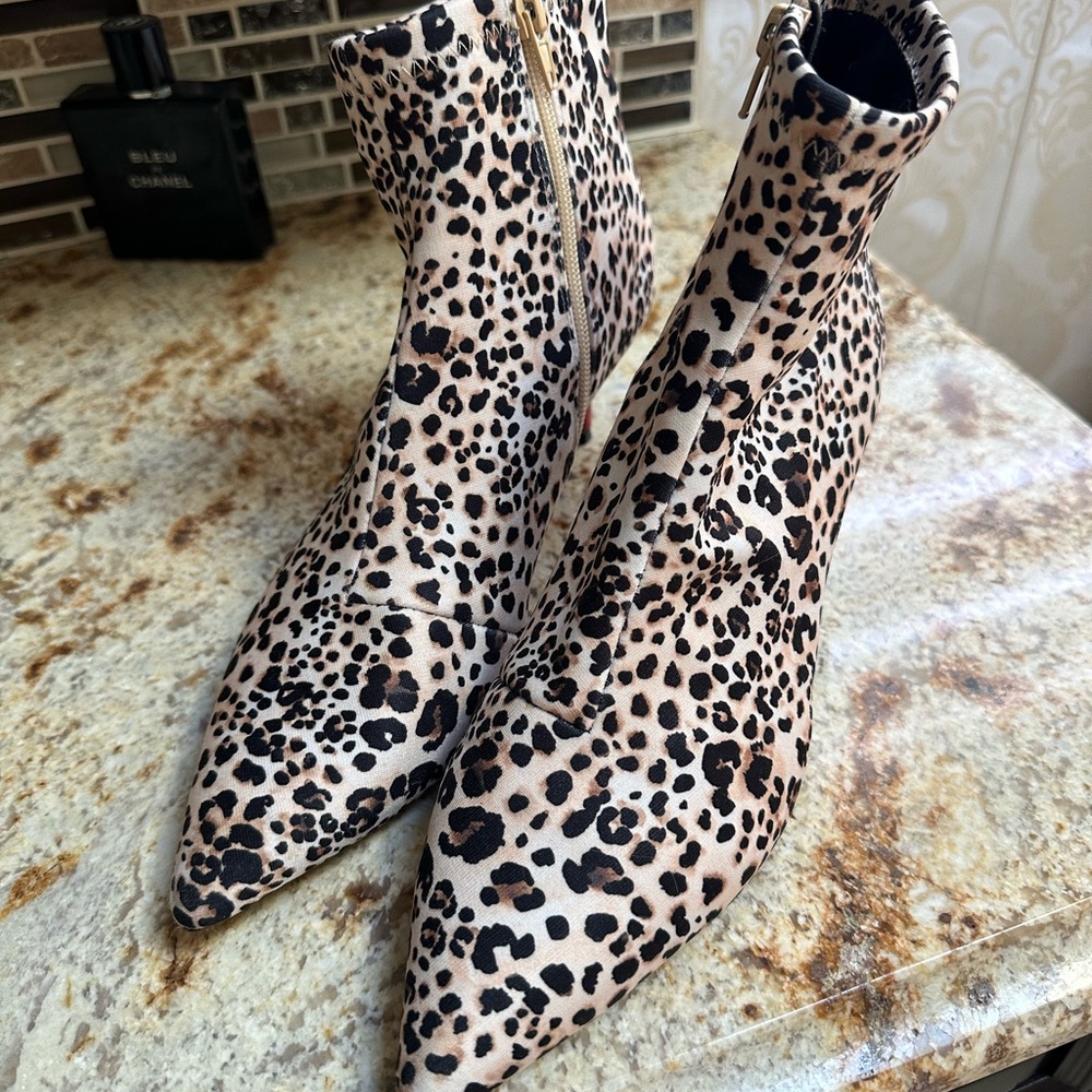 BETSY JOHNSON Leopard Print Pointed Toe Ankle Boots - Nude/Black/Red